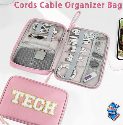 COSHAYSOO Electronics Bag Case Cable Cords Organizer Travel Essentials for Women College Teen Girls Vacation Dorm Accessories Preppy Personalized Gift (Large Pink)