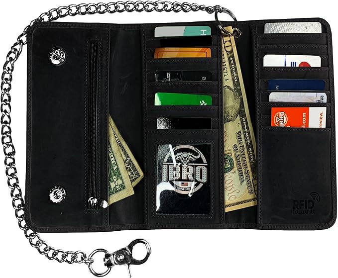 IBRO VINTAGE Motorcycle Chain Wallet for Men – Premium Cowhide Leather, RFID Tri-Fold Biker Wallet with Heavy Duty Chain for Bikers Truckers & Hunters, Credit Card Money Organizer Long Wallet