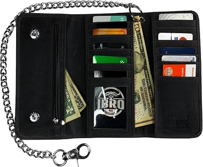 IBRO VINTAGE Motorcycle Chain Wallet for Men – Premium Cowhide Leather, RFID Tri-Fold Biker Wallet with Heavy Duty Chain for Bikers Truckers & Hunters, Credit Card Money Organizer Long Wallet