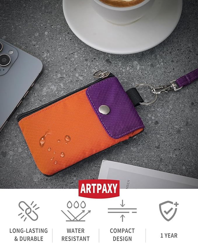 Minimalist Wallet For Mens Womens, Keychain RFID Blocking Zipper Small Wallet with ID Window 2 Lanyards,Water Resistant Travel Cash Card Coin Case Boys Girls