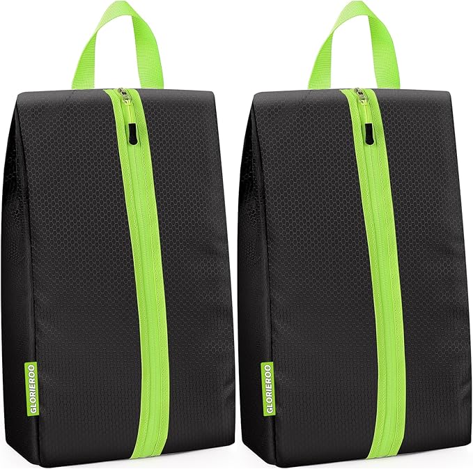 Smell Proof Shoe Bags for Travel-Soccer Cleat Bag Smell Proof with Active Carbon Fabric | Odor-Absorbing Water-Resistant Track Shoe bags for Sports (2 Black with Green, UP TO US14)