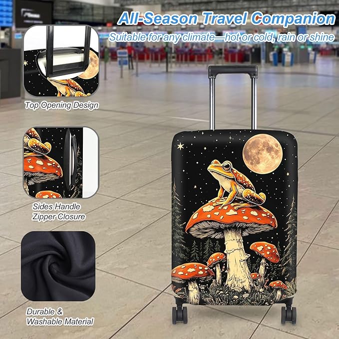 Luggage Cover Protector for 30-32 Inch Suitcases, TSA Approved Elastic Travel Suitcase Covers, Anti-Scratch Washable Luggage Sleeve for Carry On & Checked Bags, Frog Mushroom