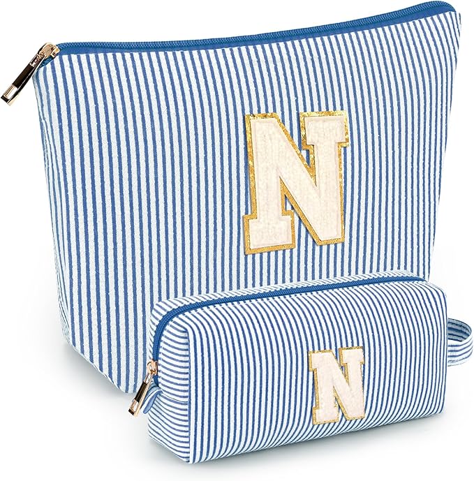 2 PCS Initial Makeup Bags for Women: Cosmetic Bag for Travel Toiletry - Birthday Gifts for 11 12 13 14 15 16 17 18 Years Old Girl Graduation Teacher Gift- Teen Girl Gifts Trendy Stuff - Blue N