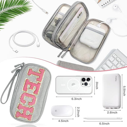 COSHAYSOO Electronics Accessories Organizer Bag with Chenille Letter Patch TECH for Women Travel Gifts, Traveling Essentials Compact Case Waterproof Must Have Pouch for Cord Charger Adapter (Gray)