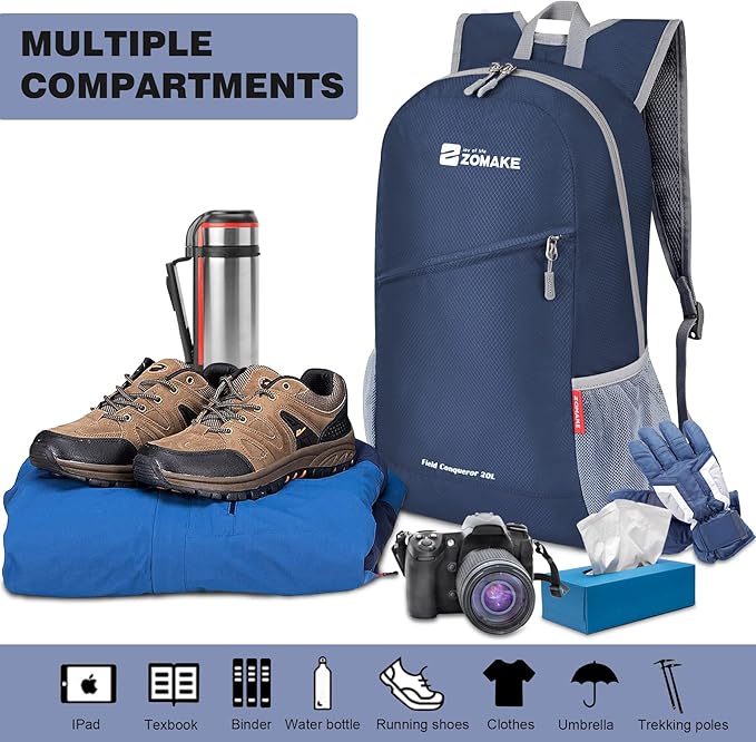 ZOMAKE Lightweight Packable Backpack 20L, Foldable Backpacks Small Daypack for Hiking Water Resistant Day Bag for Travel(Navy blue)