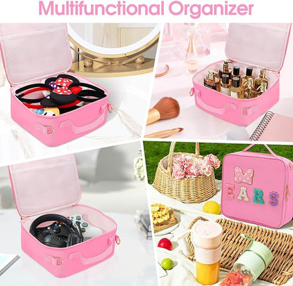 Chenille Letter Bow Mouse Ears Travel Case, Park Ears Headband Holder Hair Accessories Organizer Waterproof Bag for Girls Women Kids Adults, Large Makeup Bag Snack Bags with Zipper for Travel Picnic