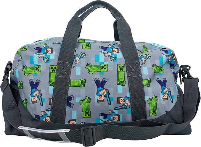 Minecraft Duffle Bag, 16 inch Travel Sleepover Weekender Bag for Girls & Boys, Green/Gray