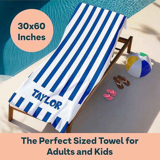 Ships Next Day - Personalized Beach Towel for Kids & Adults - Printed in USA - Custom Towels with Picture and Text - Quick Dry Pool Towels - Cotton/Poly Blend - 30" x 60" - Cabana Stripes
