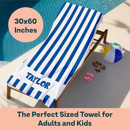 Ships Next Day - Personalized Beach Towel for Kids & Adults - Printed in USA - Custom Towels with Picture and Text - Quick Dry Pool Towels - Cotton/Poly Blend - 30" x 60" - Cabana Stripes