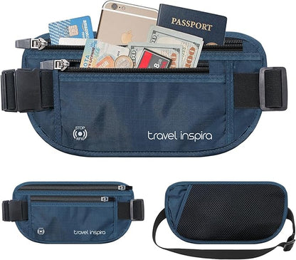 travel inspira Travel Money Belt with Slim Anti-Theft RFID Blocking Passport Holder for Travel Concealed under Clothes for Ultimate Protection of Credit Cards, Cash, Passport & Documents, Navy Blue