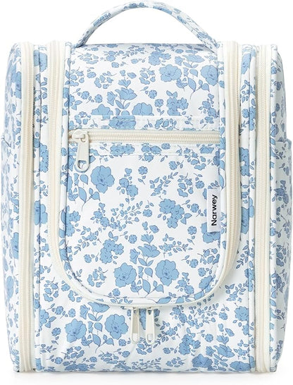 Narwey Hanging Toiletry Bag Women Travel Makeup Bag Organizer Toiletries Bag for Travel Size Essentials Accessories Cosmetics (Medium,Little Blue Flower)