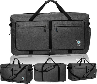 Bago Large Foldable Duffel Bags for Traveling Women & Men - 100L Packable Duffle Bag for Travel with Shoe Compartment - Water Repellant, Heavy Duty, Lightweight Folding & Collapsible (SnowBlack)