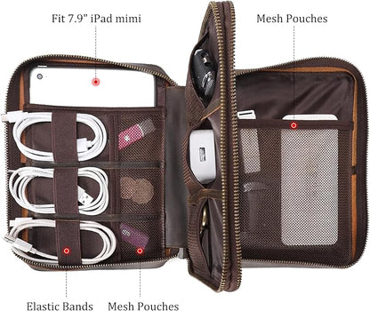 Polare Full Grain Leather Travel Cable Organizer Case Double Layer Electronics Accessories Carry Bag with YKK Zippers Tech Storage Bag for Cables, Power Bank, USB, SD Card