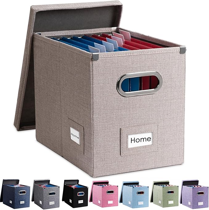 PRANDOM File Organizer Box - Set of 1 Collapsible Decorative Linen Filing Storage Hanging File Folders with Lids Office Cabinet Letter Size Light Grey (14x9.3x10.8 inch)