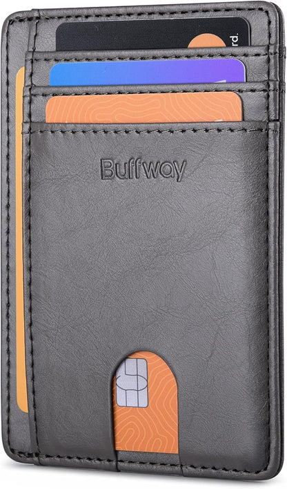 Buffway Slim Minimalist Front Pocket RFID Blocking Leather Wallets for Men and Women - Alaska Grey
