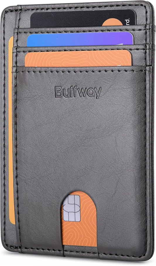 Buffway Slim Minimalist Front Pocket RFID Blocking Leather Wallets for Men and Women - Alaska Grey