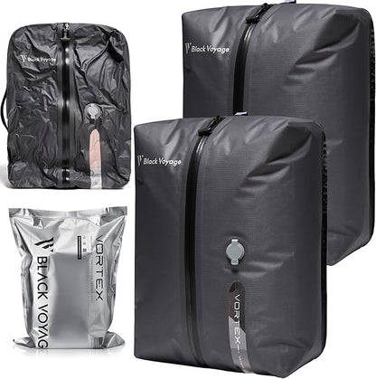 Black Voyage Reusable Vacuum Compression Travel Bag for Carry-On Suitcase and Backpack, Recycled IP67 Waterproof Space Saver Vacpack (2-Pack, 18L - No Pump)
