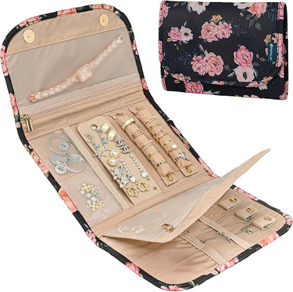 Pavilia Foldable Jewelry Organizer - Travel Roll Bag with Compartments for Earrings, Rings, Necklaces, Bracelets - Packing Accessory