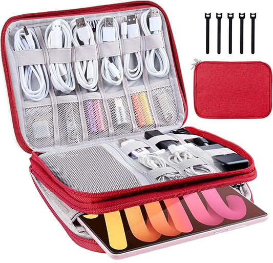 Electronics Organizer - Travel Cable Organizer Bag, Water Resistant Double Layers Pouch for Cord, iPhone, iPad Mini - Gift for Men Electronic Accessories Storage Case with 5 Cable Ties, Red