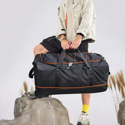32” 1680D Oxford Foldable Duffle Bag with 2 Wheels,110L to 140L Expandable Soft Sided Rolling Travel Bag,Black-orange