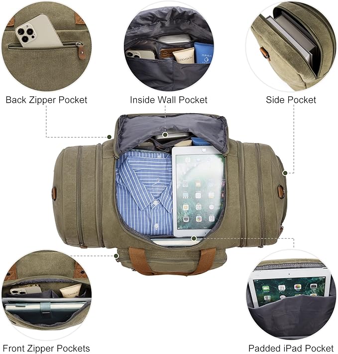 Sucipi Canvas Travel Duffel Bag for Men, Weekend Overnight Bag with Shoe Compartment and Toiletry Bag, Carry-On for Airplanes, Army green