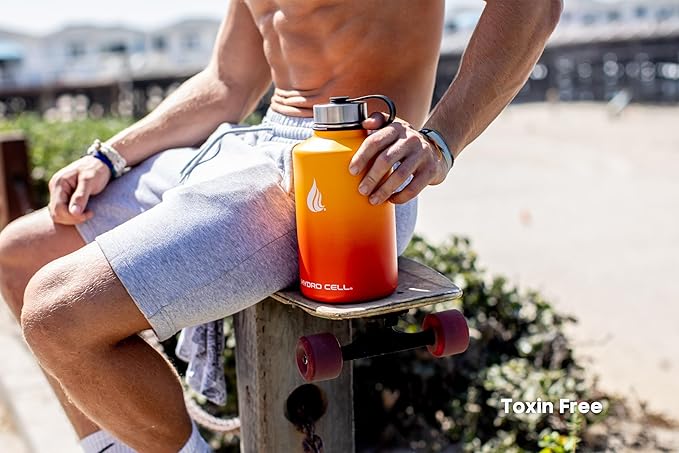 HYDRO CELL Stainless Steel Insulated Water Bottle with Straw - For Cold & Hot Drinks - Metal Vacuum Flask with Screw Cap and Modern Leakproof Sport Thermos for Adults (Red/Orange 64oz)