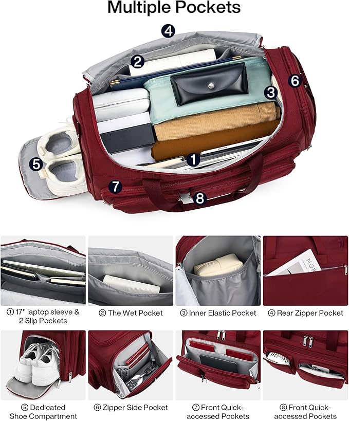 MILADA Carry On Luggage Bags for Travel Large Foldable Duffle Bag for Travel Lightweight Personal Bags for Airplanes Weekend Overnight Bags for Women Mens Travel Bag, Burgundy