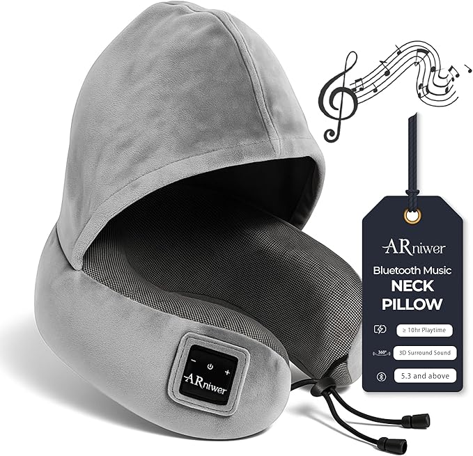 Bluetooth Music Semicircular Neck Pillow with Hood Wireless Bluetooth Speaker Suitable Airplane,Car,Office,and Outdoor Camping for Sleeping, Resting The Best Travel Essentials. (Light Gray)