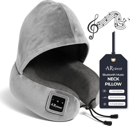 Bluetooth Music Semicircular Neck Pillow with Hood Wireless Bluetooth Speaker Suitable Airplane,Car,Office,and Outdoor Camping for Sleeping, Resting The Best Travel Essentials. (Light Gray)
