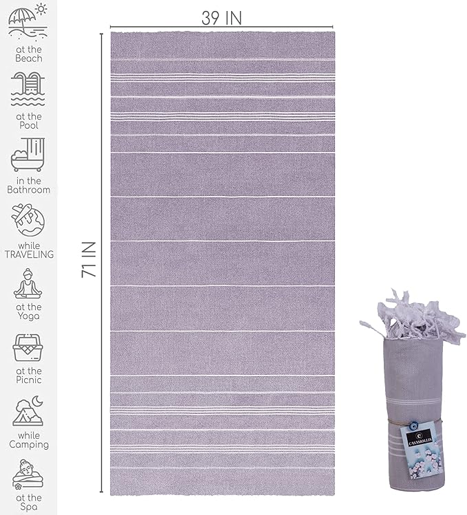Turkish Beach Towel, Prewashed, 100% Cotton, Soft, Absorbent, Quick Dry, Sand Free Large Oversize Beach Towels for Bathroom Camping Yoga Gym Pool Travel Size 39x71 Inches (Light Gray)