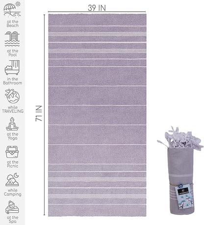 Turkish Beach Towel, Prewashed, 100% Cotton, Soft, Absorbent, Quick Dry, Sand Free Large Oversize Beach Towels for Bathroom Camping Yoga Gym Pool Travel Size 39x71 Inches (Light Gray)