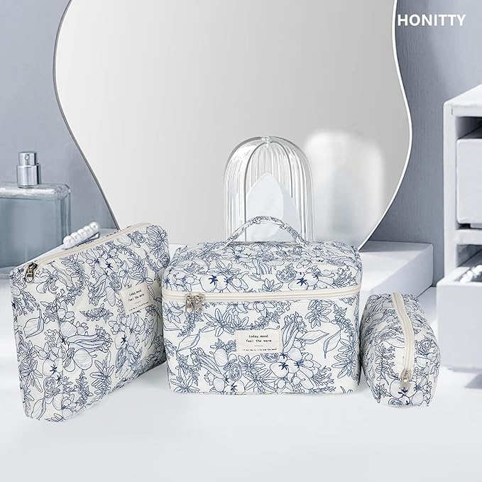 Makeup Bag,Quilted Cosmetic Bags,Large Floral Make Up Organize bag,Makeup Bag Set for Women,Flower Travel Toiletry Bag