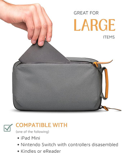 Tech Bag Organizer - Small Electronics Organizer Pouch for Travel - Premium Travel Case with Leather Accents - Mesh Pocket for Cables, Cords and Chargers (Grey)