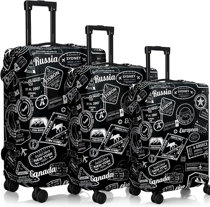 Sherr 3 Pieces Travel Luggage Cover Suitcase Protector Anti Scratch Suitcase Washable Baggage Covers(S/medium/l,Vintage Theme,Black White)