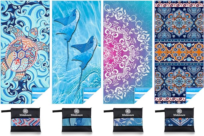 4 Pack Microfiber Lightweight Beach Towel Sand Free Quick Dry Absorbent Thin Compact Towels for Swimming Pool Camping Beach Accessories Large Easy Pack Travel Things for Vacation Essentials Gift