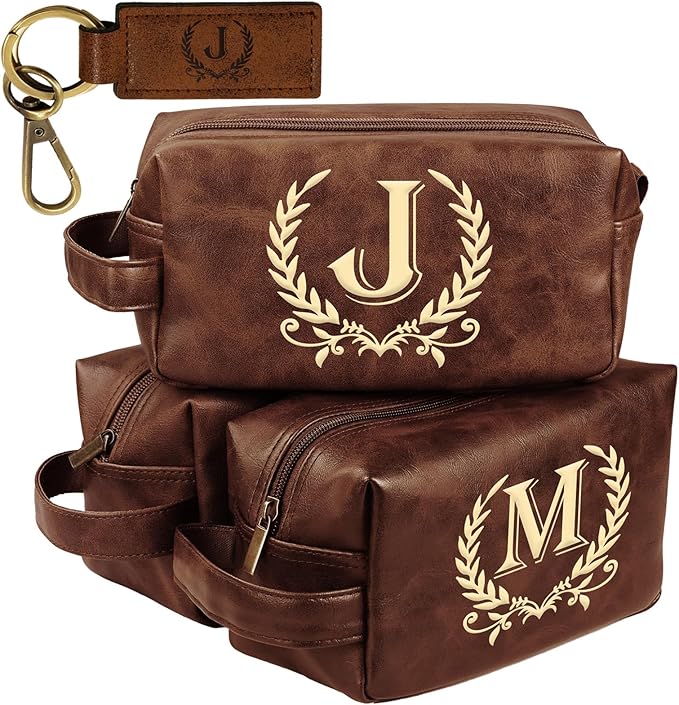 Personalized Toiletry Bag for Men Engraved Initial Leather Kit, Waterproof Travel Essentials Bag - DarkBrown(J)