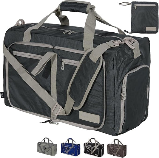 LEGEND 60L Foldable Duffle Bag for Travel - Packable Duffle Bags w/Shoe Compartment - Tear Resistant Collapsible Duffel Bags for Traveling - Lightweight Folding Duffel Bag for Men & Women -Dark Gray