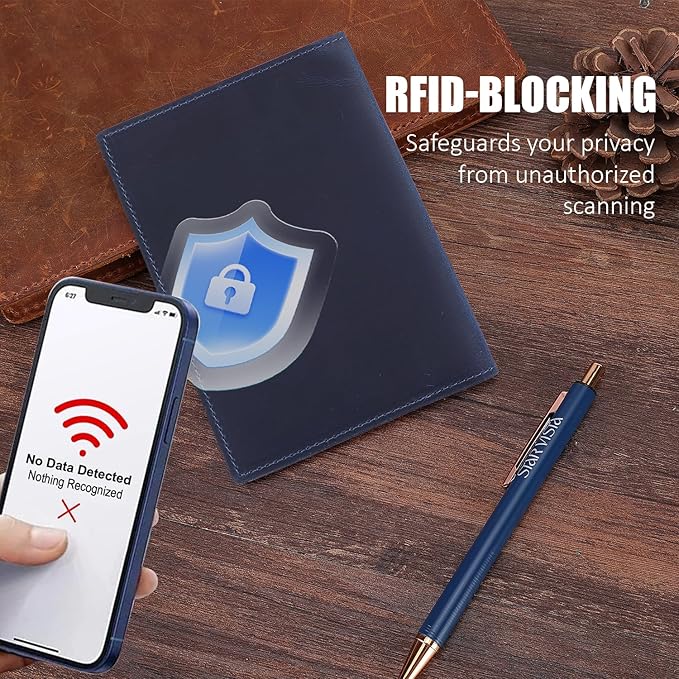 STAR VISTA Albatross Leather Travel Passport Holder, Minimalist Design, Full Grain Leather Case for Women and Men - Slim Passport Wallet, Bifold, RFID Blocking, with AirTag Holder, Navy Blue