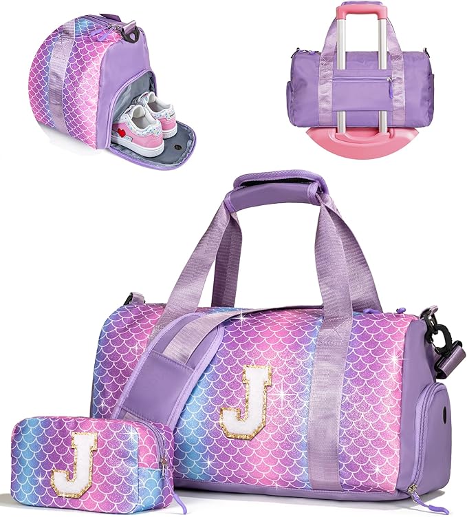 Gifts for Niece-Girl Gym Bag with Shoe Compartment, Kid Personalized Weekender Overnight Bags, Initial Travel Tote with Makeup Pouch, Birthday Gift for Sister Granddaughter (Letter J)