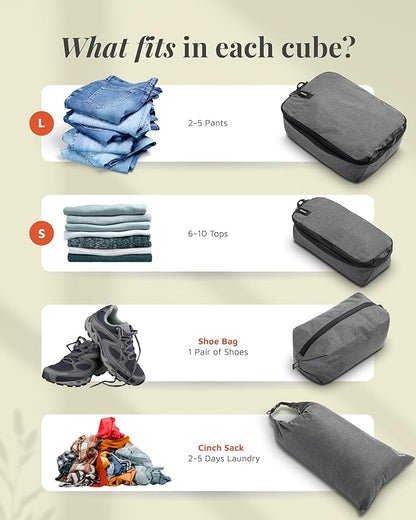 Compression Packing Cubes for Travel by TRIPPED – 6-Piece Premium Set with Laundry & Shoe Bag, Space Saving Travel Organizer Bags for Suitcase & Carry-On Luggage (Grey)