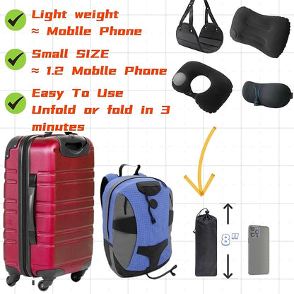 Portable Ultimate Comfort Set For Plane Sleep Kit At Plane,2 Inflatable Travel Pillows,Foot Rest Hammock,Eye Mask Ear Plugs For Airplane Flight Essentials For Seat Airplane Gadgets for Sleep Comfort