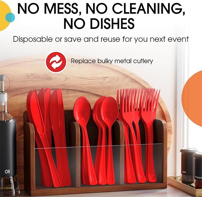Red Plastic Silverware Heavy Duty 300 Pieces Red Disposable Silverware Heavy Duty, Utensil Sets, 100 Of Each Forks, Knives & Spoons Disposable Cutlery Set For Party Supplies