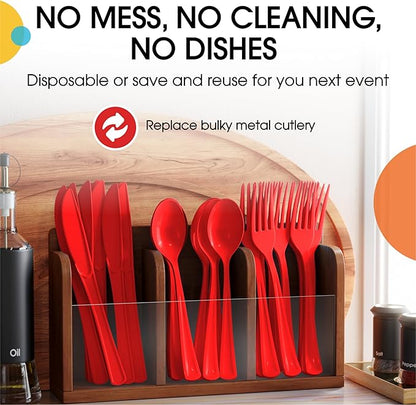 Red Plastic Silverware Heavy Duty 300 Pieces Red Disposable Silverware Heavy Duty, Utensil Sets, 100 Of Each Forks, Knives & Spoons Disposable Cutlery Set For Party Supplies