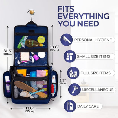 Extra Large (11.8”x11.8”x4”) Hanging Travel Toiletry Bag for Men and Women - Cosmetic Travel Bag With Shoulder Strap - Waterproof Hygiene Bag with Metal Swivel Hook and 19 Compartments for Toiletries