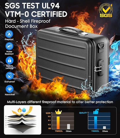 Fireproof Document Box with Lock, Hard-Shell Fireproof Safe for Home Documents, Portable Travel Fire Proof File Box for Passport Laptop Certificates, Black