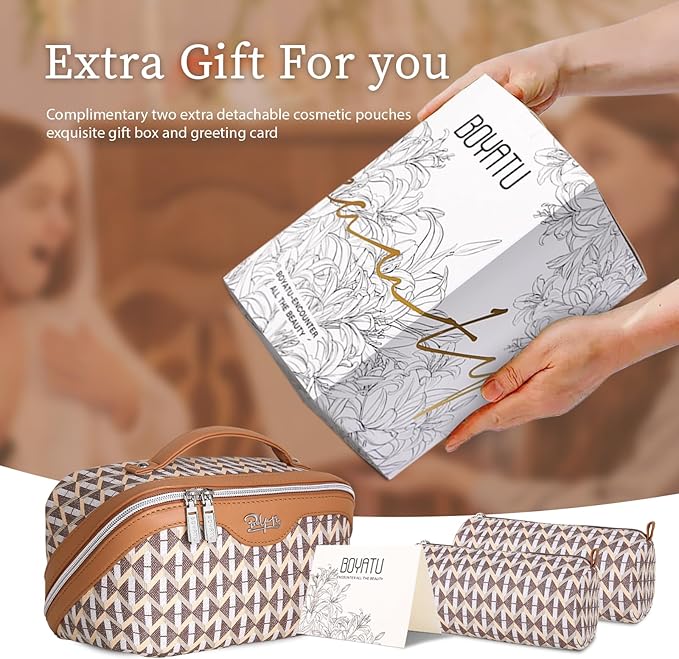 BOYATU Travel Makeup Bags for Women: Large Capacity Cosmetic Bag Set of 3 - Vegan Leather Make up Bags with Compartments - Wide Open Waterproof Toiletry Organizer Bag with Handle (B-05-Brown)