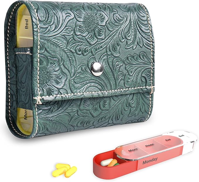 Pill Organizer,Haecsfl Weekly Travel Pill Case Box Medication Reminder Daily AM PM, Day Night 7 Compartments,for 4 Times A Day, 7 Days a Week-Includes Leather PU Carrying Case(1-Carved Green2)