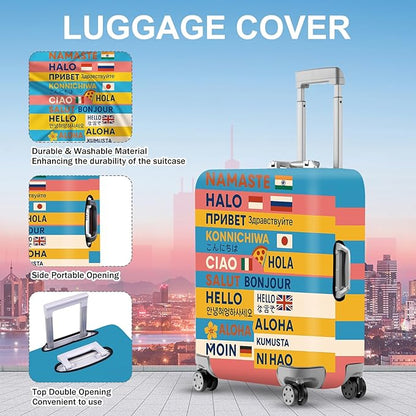 ANNA QUEEN Funny Multilingual Greetings Luggage Cover, Suitcase Protector with Hello in 15+ Languages, Stretchable, Washable Travel Cover for 32-34 Inch Luggage