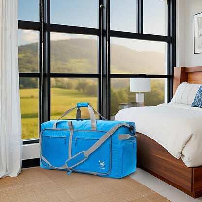 Bago Big XXL Foldable Duffel Bags for Traveling Women & Men - 140L Packable Duffle Bag for Travel with Shoe Compartment - Water Repellant, Heavy Duty, Lightweight Folding & Collapsible (Blue)