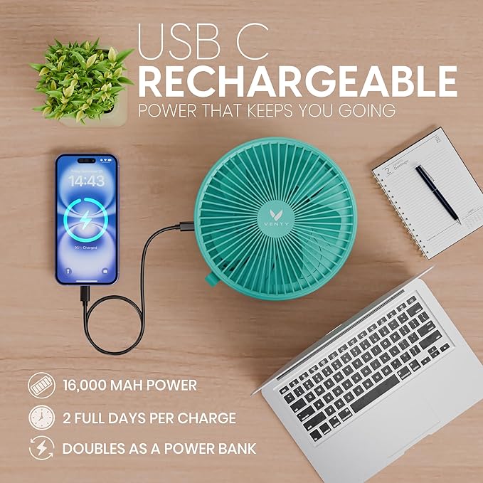 VENTY Portable Fan - Wireless Battery Operated Fan - 4 Speeds - LED Lighting - Carry Case & Remote Control - Cruise Travel - Outdoor Travel RV Power Bank With USB-C Port (Mint with Case)